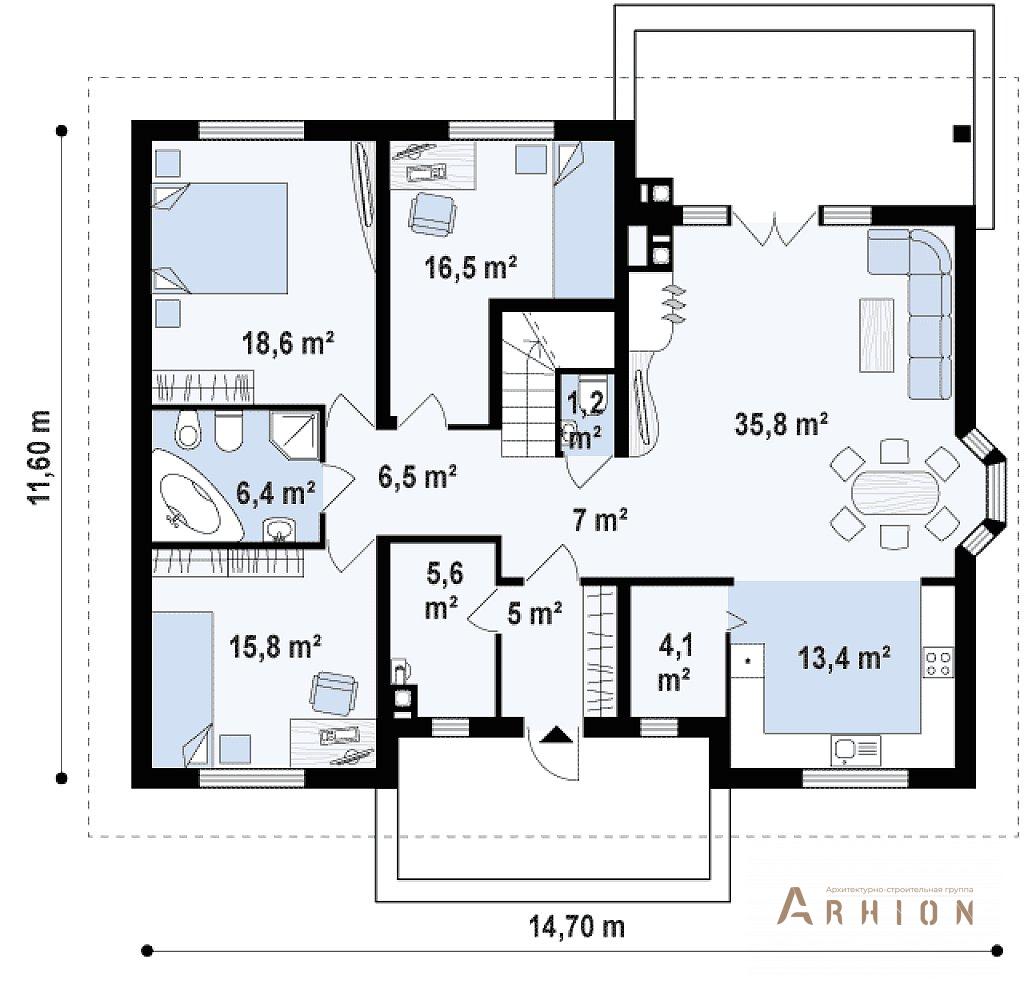 2. Проект одноэтажного дома в европейском стиле с четырехскатной, Z10 D sdu, площадью - 213 кв c мансардой, терассой, эркером